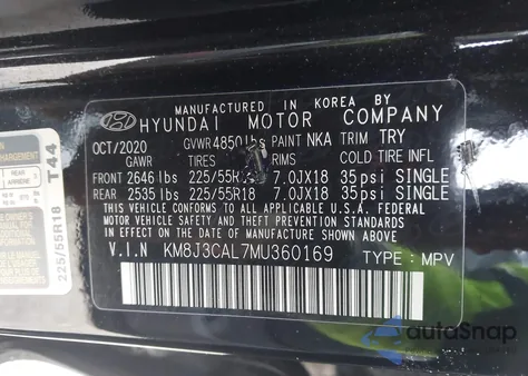 2021 Hyundai Tucson Sel z USA, uszkodzony, nr VIN KM8J3CAL7MU360169
